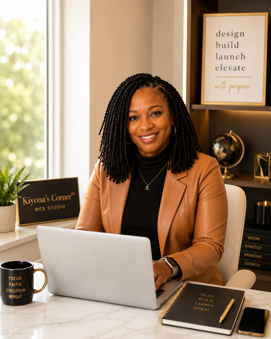 Kiyona Brooks, founder of Kiyona's Corner Web Studio, seated at her desk